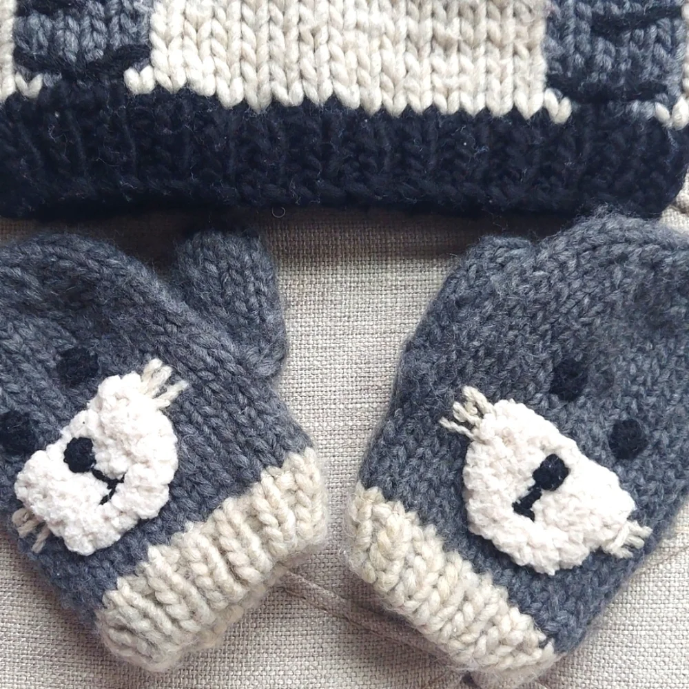 Toddler Bear ears Beanie Hat and Mitten Set - cream gray - size 3-6